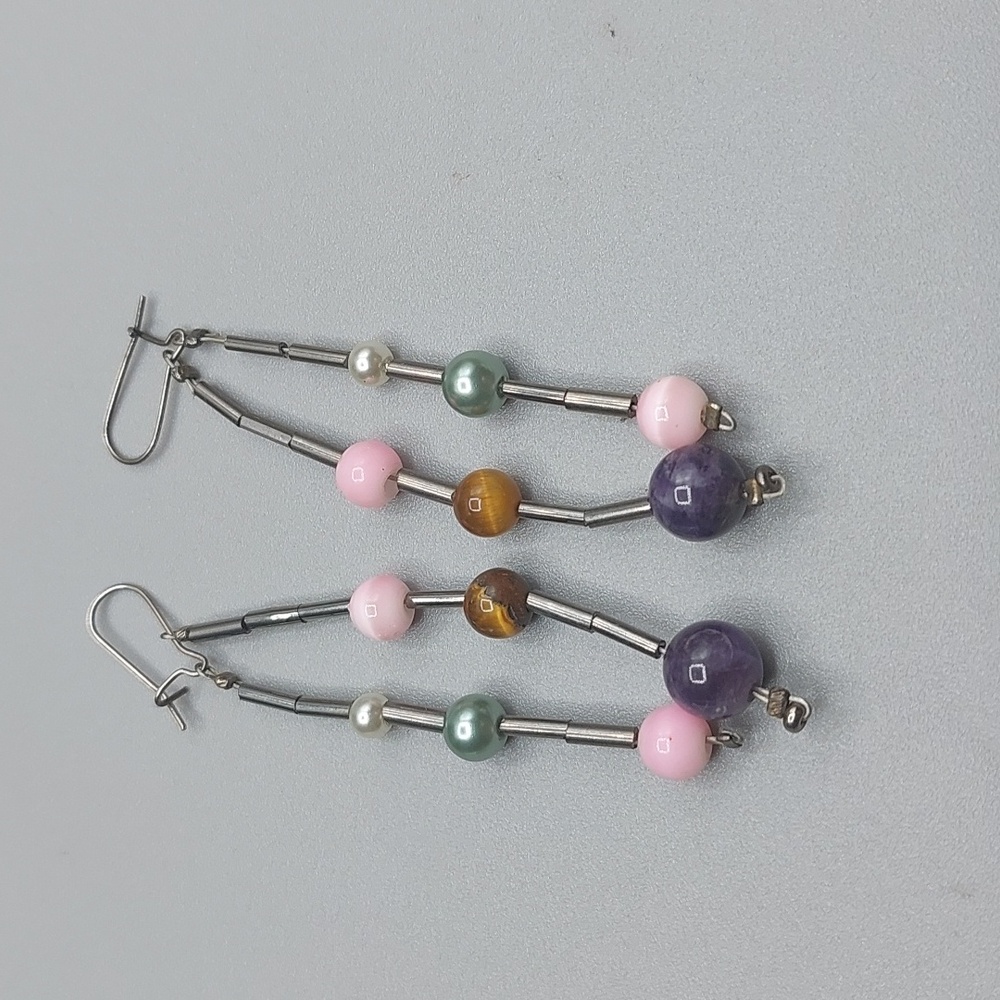 Multi Gemstones Linear Drop Liquid Silver Tone St… - image 1